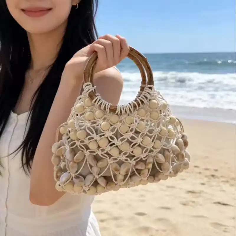 2026 New Bead Handmade Woven Bag Women's Hollowed Out Shell Decoration Bamboo Section Handbag Summer Grass