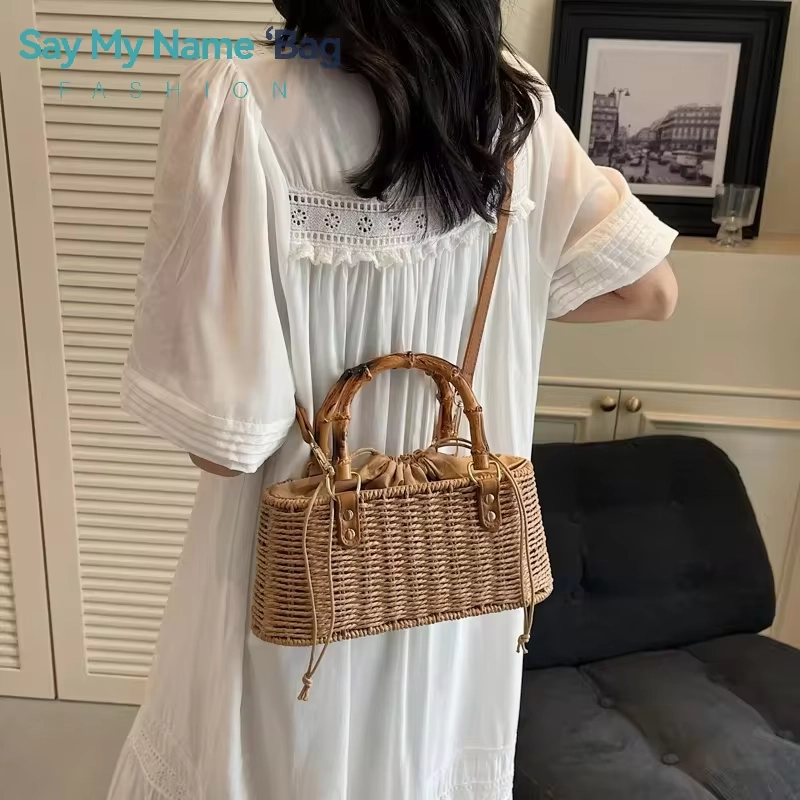 Bamboo Handle Woven Straw Small Crossbody Bags for Women Ladies Eco-friendly Shoulder Bag Females