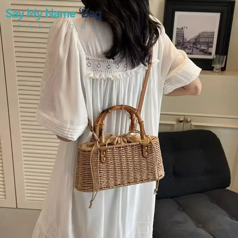 Bamboo Handle Woven Straw Small Crossbody Bags for Women Ladies Eco-friendly Shoulder Bag Females