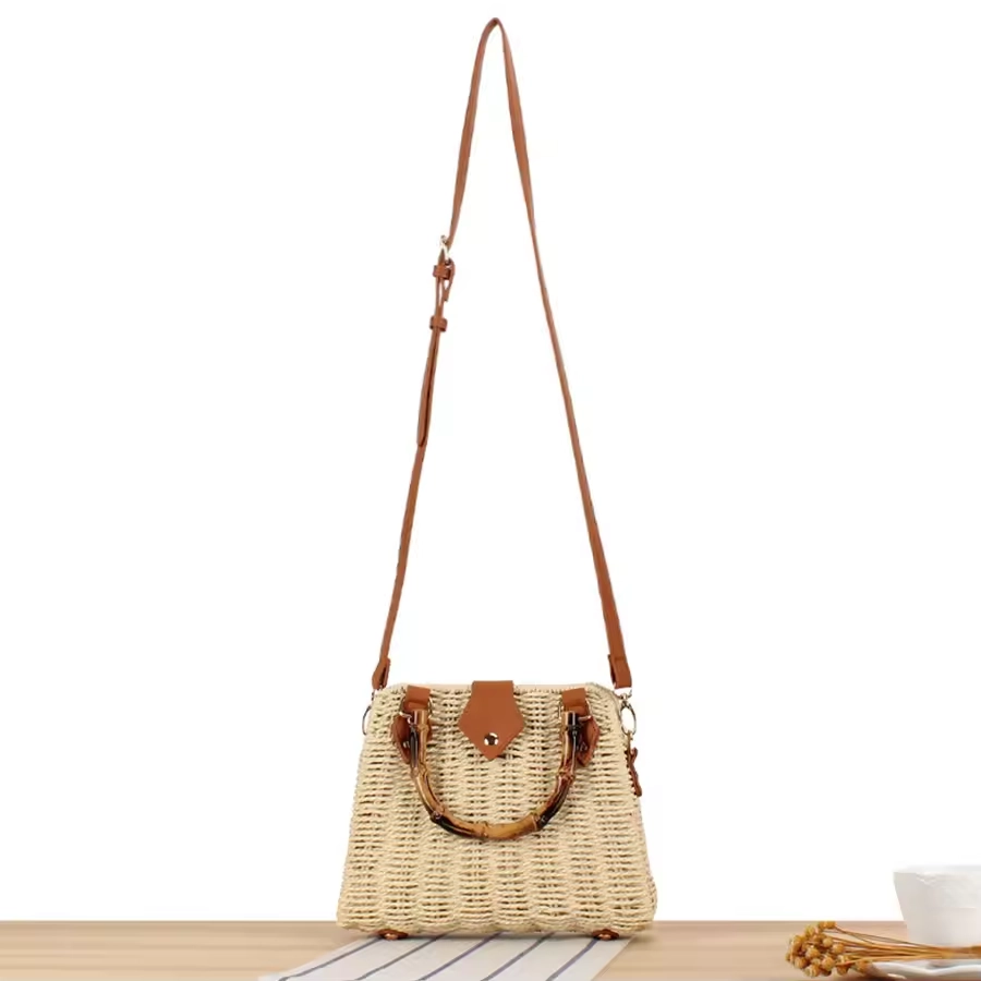 Bamboo Handle Paper Rope Woven Bag For Women Summer Straw Crossbody Bag Beach