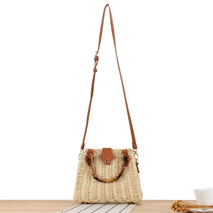 Bamboo Handle Paper Rope Woven Bag For Women Summer Straw Crossbody Bag Beach